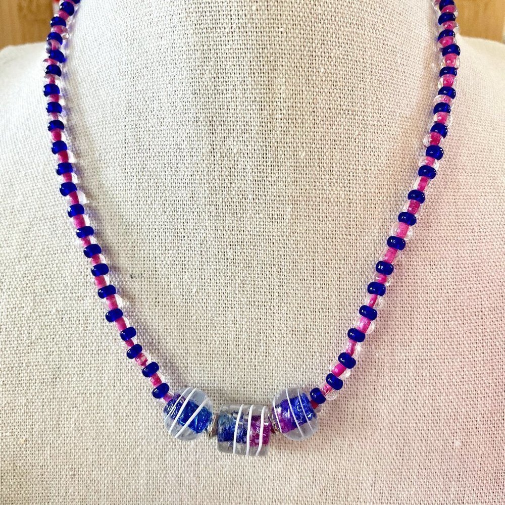Lampwork Swirl And Pink Inside Colour Seed Bead Handmade Necklace ⎜ EUC